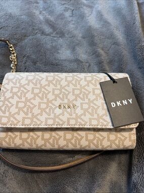 DKNY Beige Logo Monogram Crossbody with Gold Hardware
